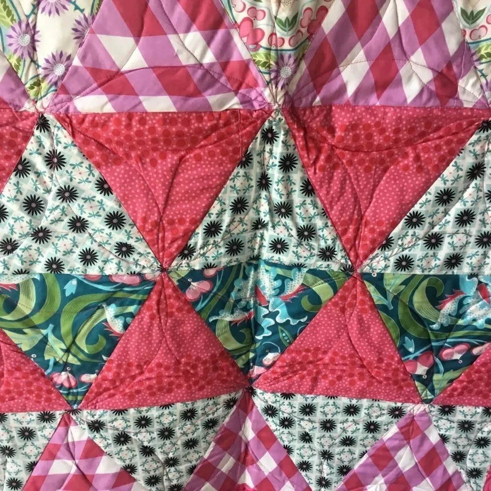 Hand Crafted Pink, Green, Teal & White Patchwork Quilt